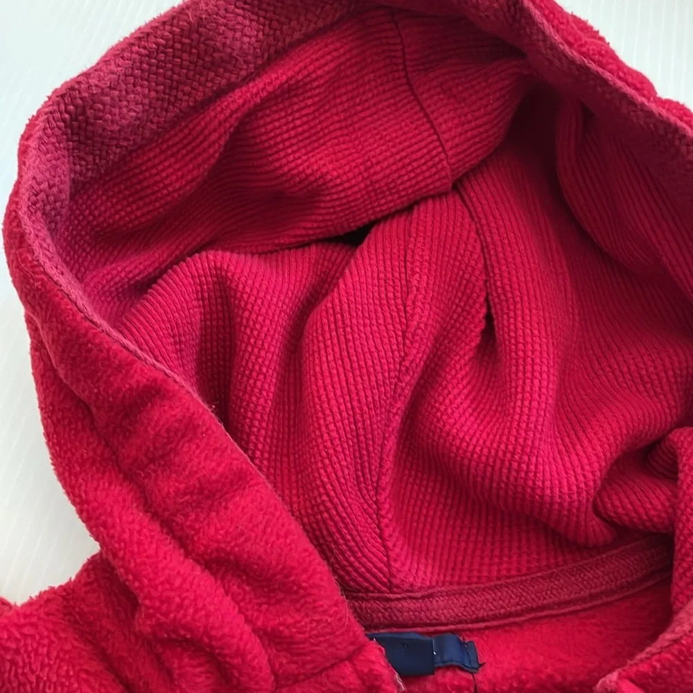 GapKids red hooded, full zip sweatshirt with gray, blue & white GAP.  Size small